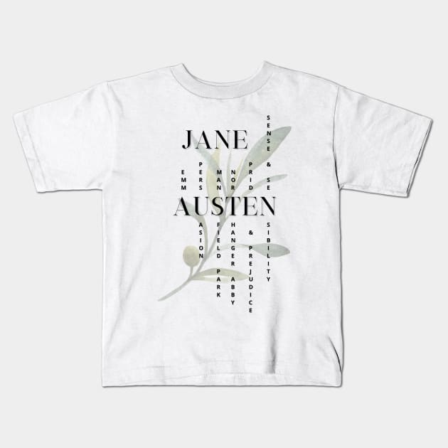 Jane Austen novels design Kids T-Shirt by Miss Pell